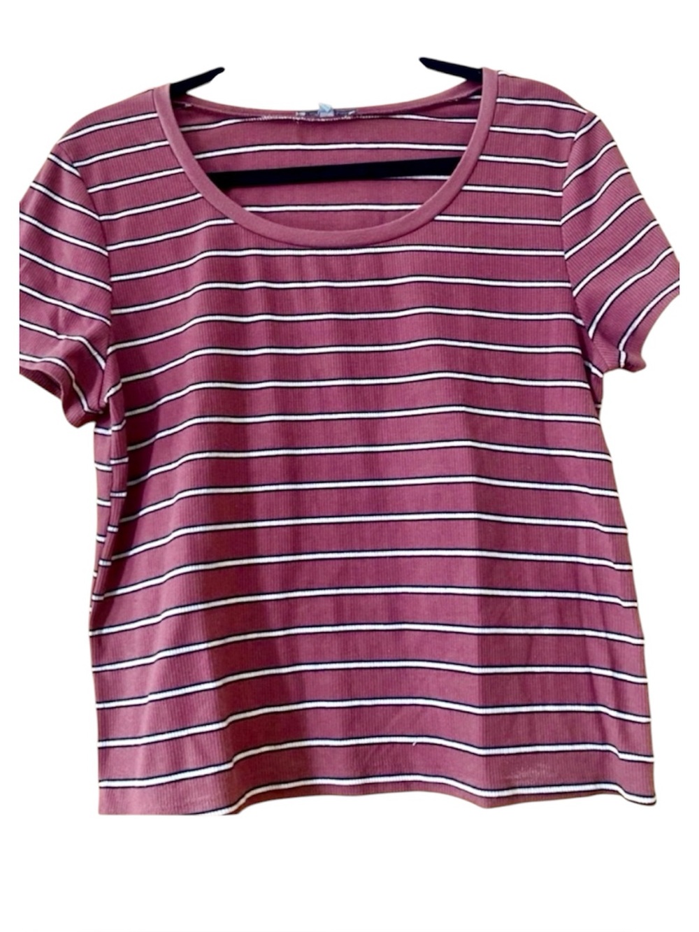 Charlotte Russe Ribbed Stripe Tee Mauve Pink Scoop Neck Fitted Top Women's L